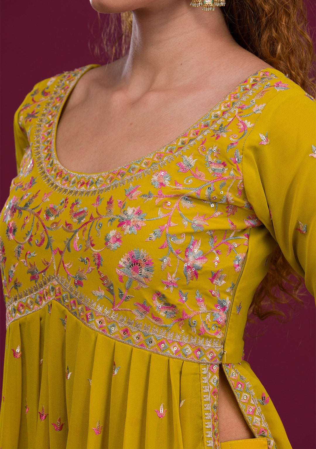 Mustard Kashmiri Georgette Readymade Salwar Kameez-Koskii