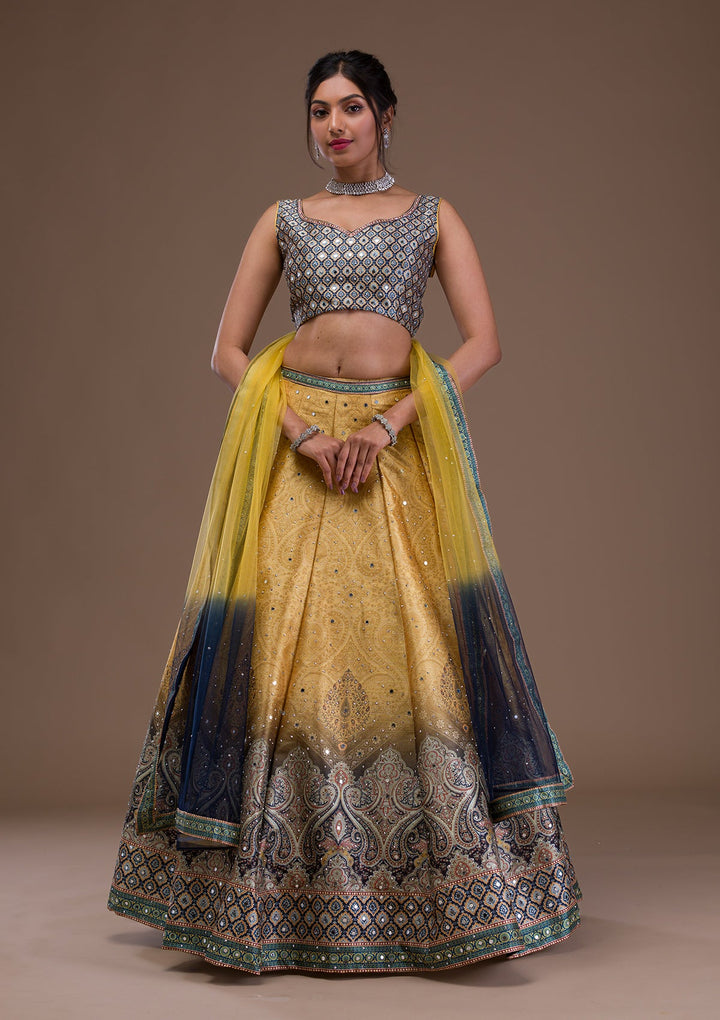 Mustard Mirrorwork Banarasi Readymade Lehenga-Koskii