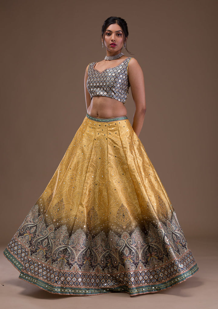 Mustard Mirrorwork Banarasi Readymade Lehenga-Koskii