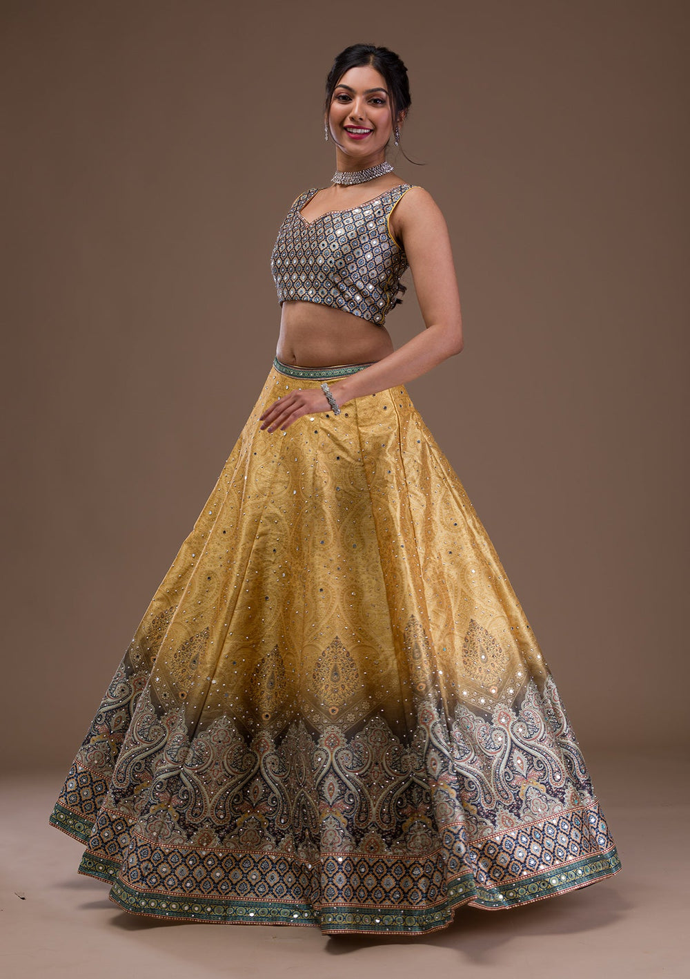 Mustard Mirrorwork Banarasi Readymade Lehenga-Koskii