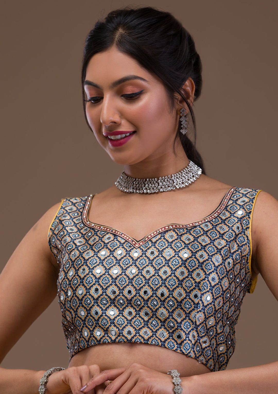 Mustard Mirrorwork Banarasi Readymade Lehenga-Koskii