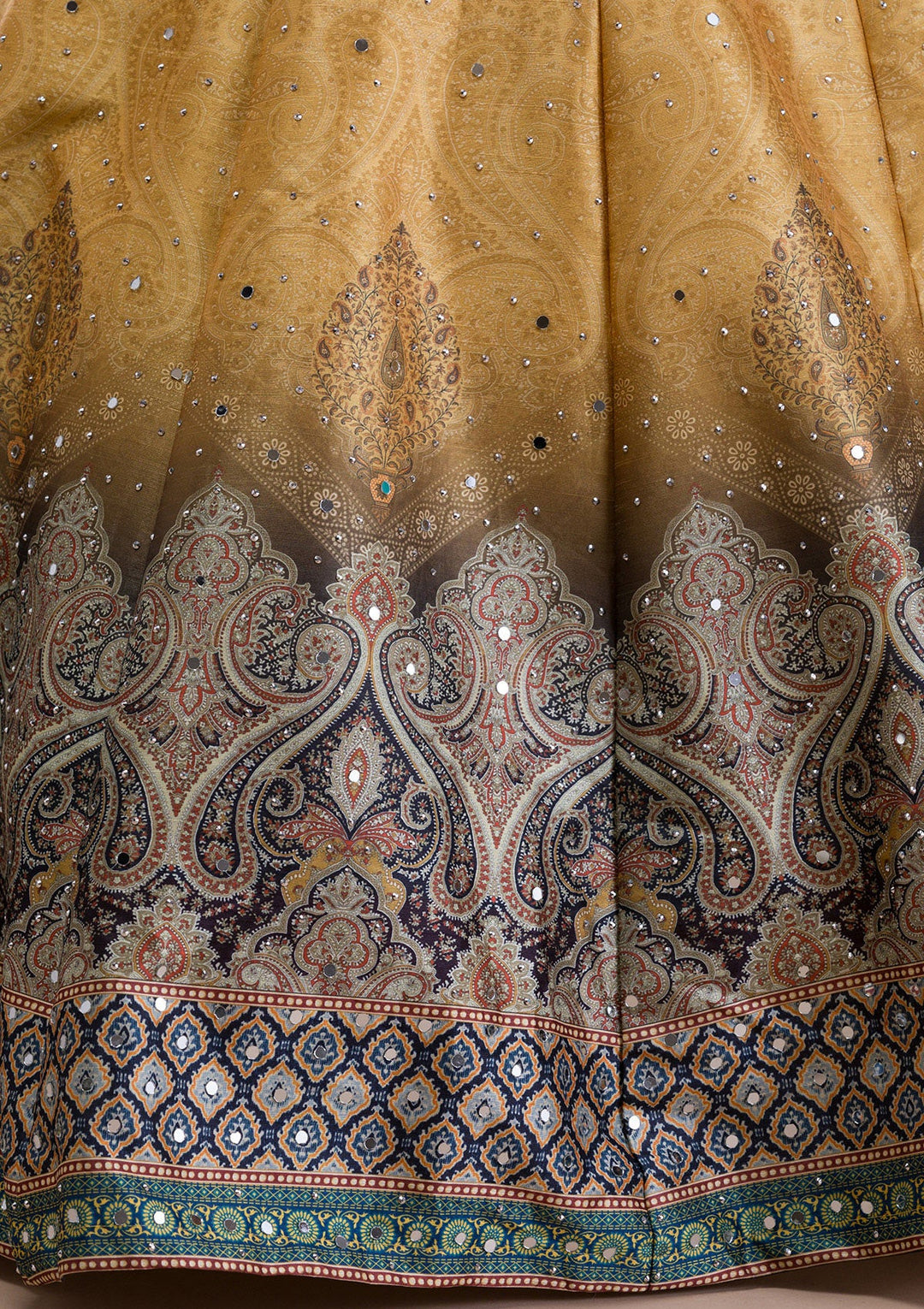 Mustard Mirrorwork Banarasi Readymade Lehenga-Koskii