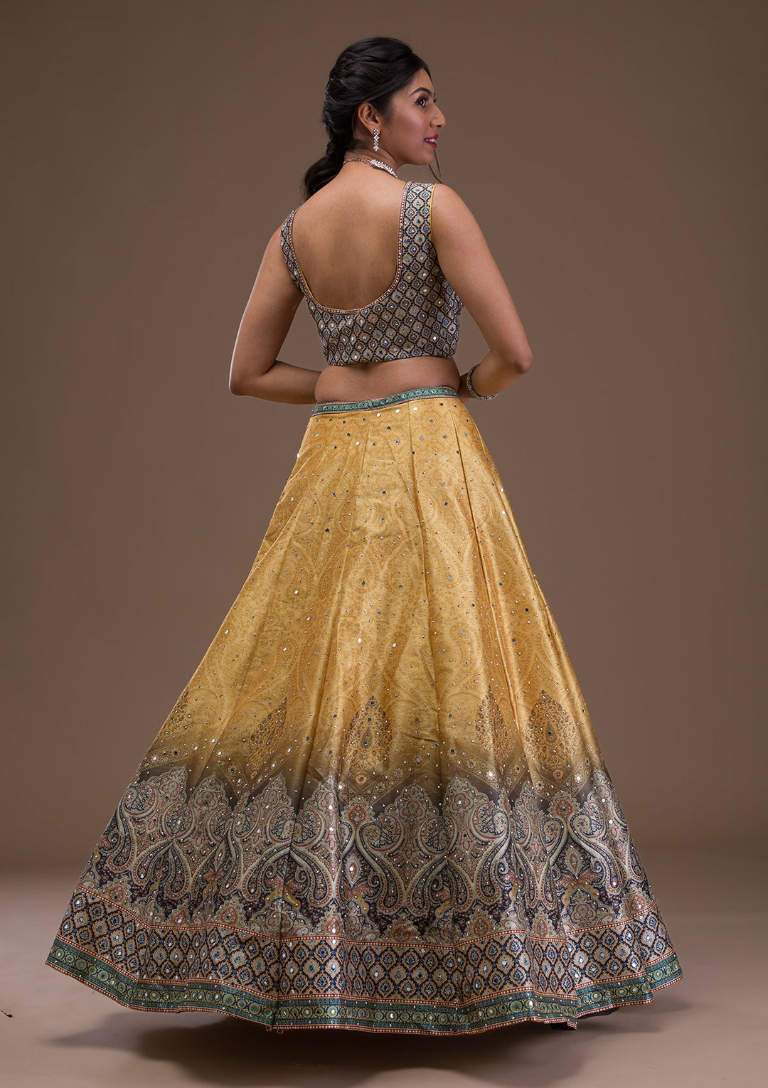 Mustard Mirrorwork Banarasi Readymade Lehenga-Koskii