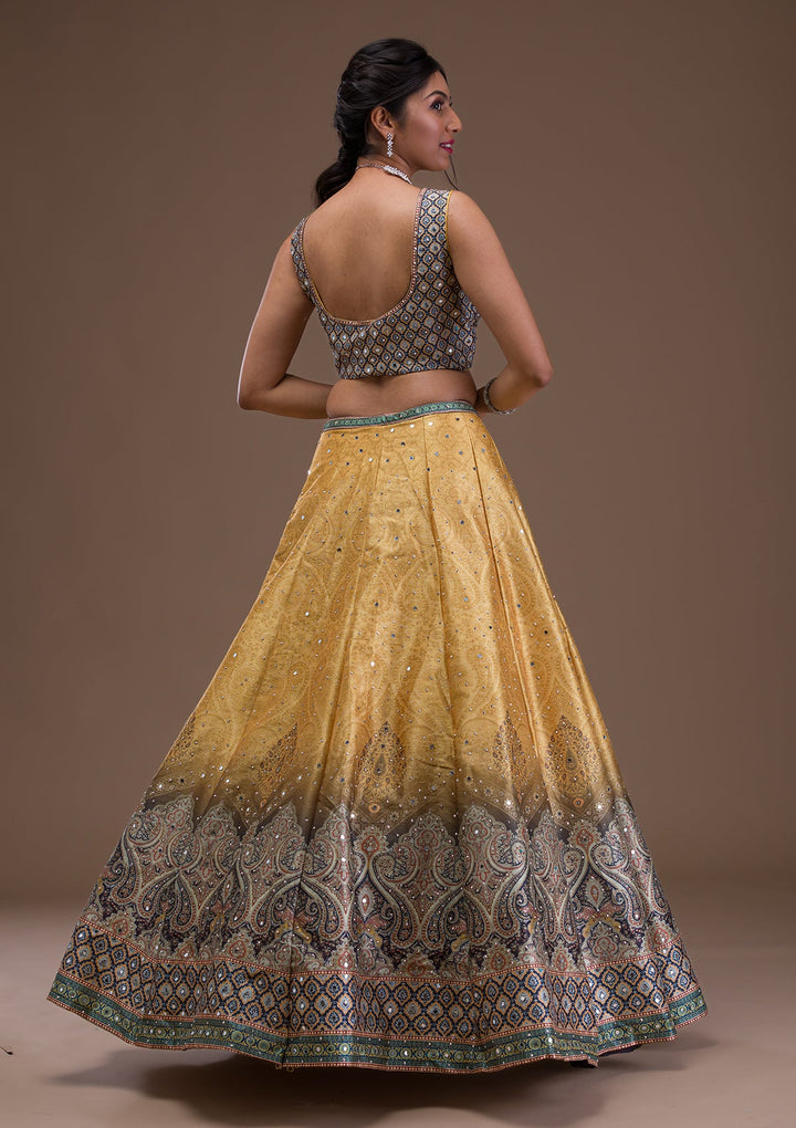 Mustard Mirrorwork Banarasi Readymade Lehenga-Koskii