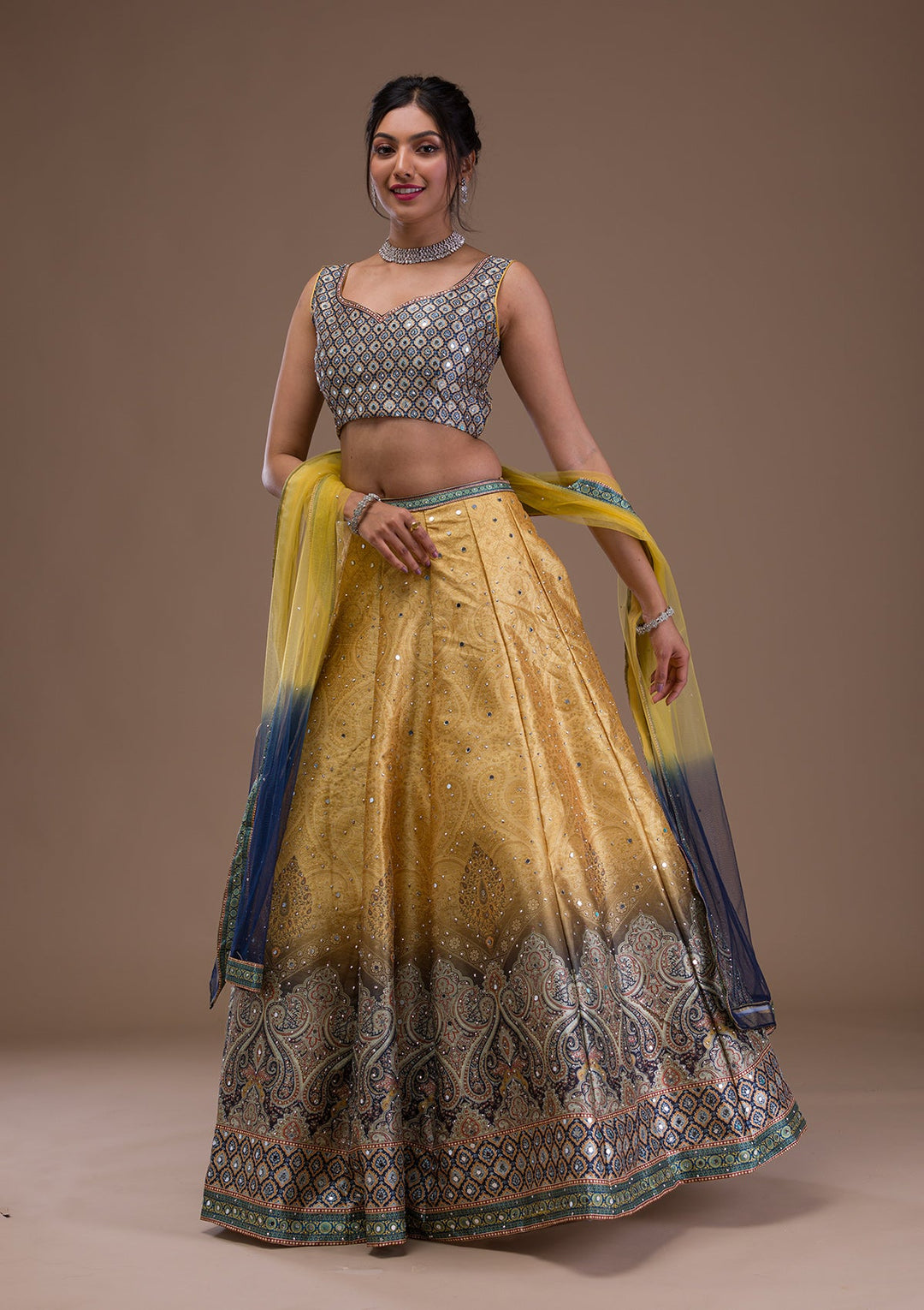Mustard Mirrorwork Banarasi Readymade Lehenga-Koskii