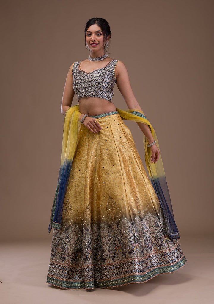 Mustard Mirrorwork Banarasi Readymade Lehenga-Koskii