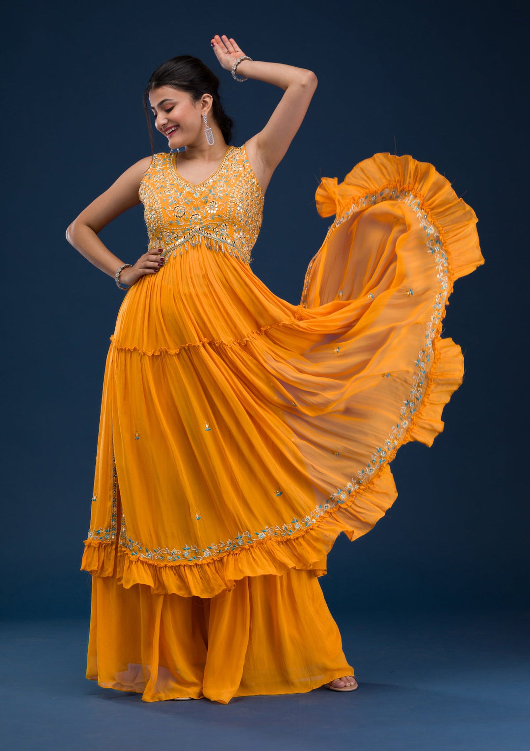 Mustard Mirrorwork Georgette Readymade Salwar Suit-Koskii