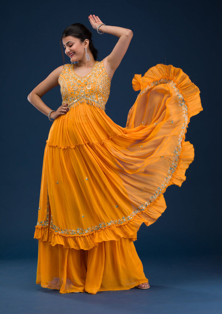 Mustard Mirrorwork Georgette Readymade Salwar Suit-Koskii