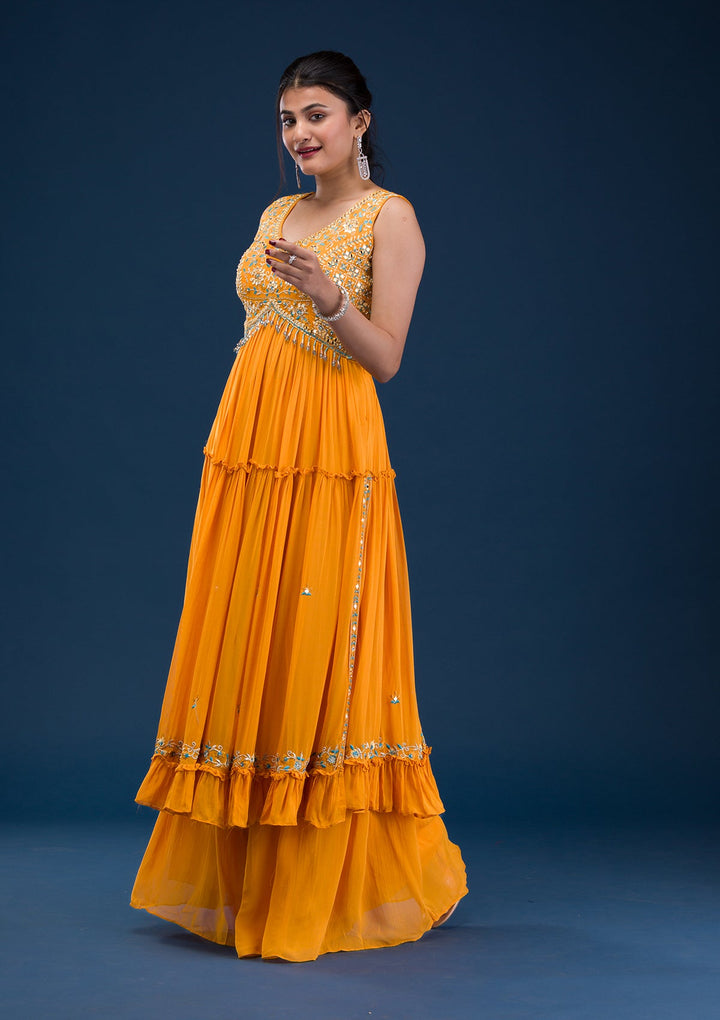 Mustard Mirrorwork Georgette Readymade Salwar Suit-Koskii