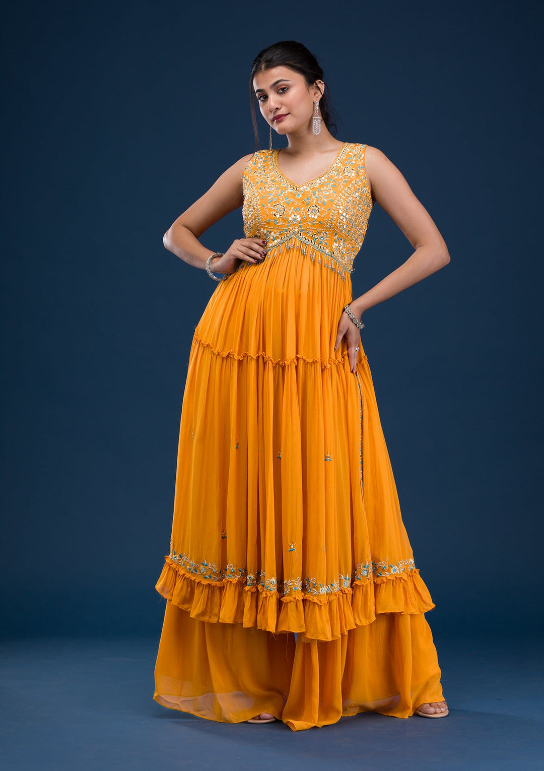 Mustard Mirrorwork Georgette Readymade Salwar Suit-Koskii