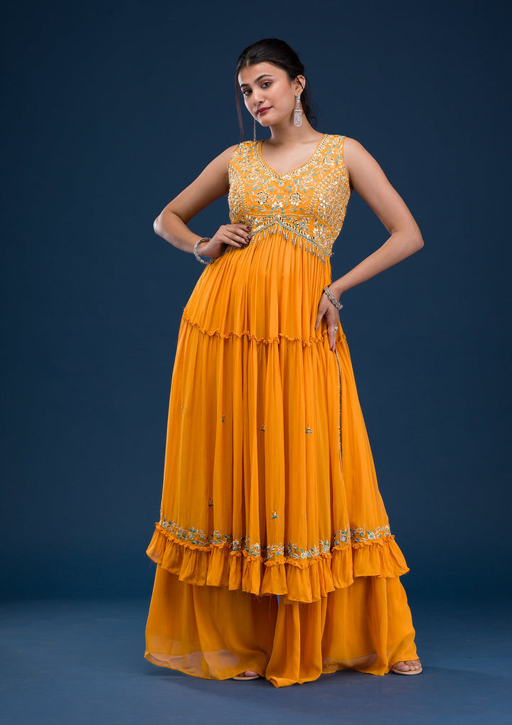 Mustard Mirrorwork Georgette Readymade Salwar Suit-Koskii