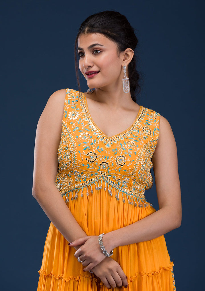 Mustard Mirrorwork Georgette Readymade Salwar Suit-Koskii