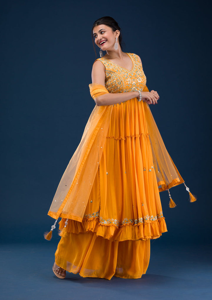 Mustard Mirrorwork Georgette Readymade Salwar Suit-Koskii