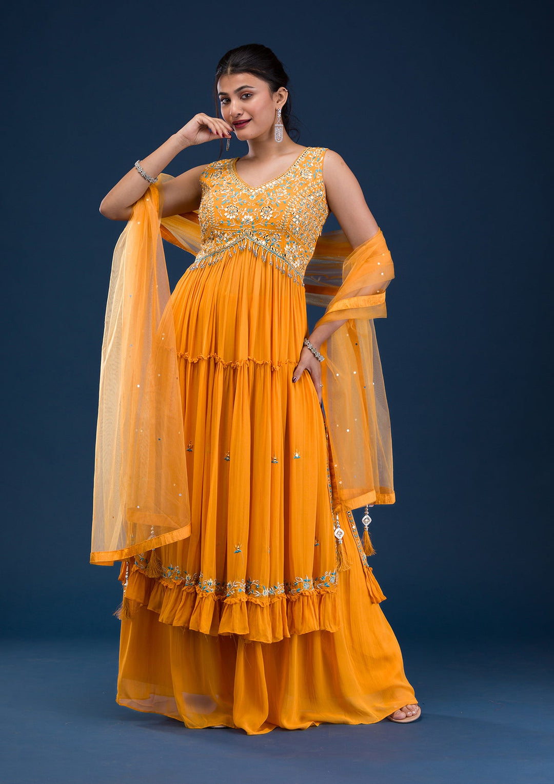Mustard Mirrorwork Georgette Readymade Salwar Suit-Koskii