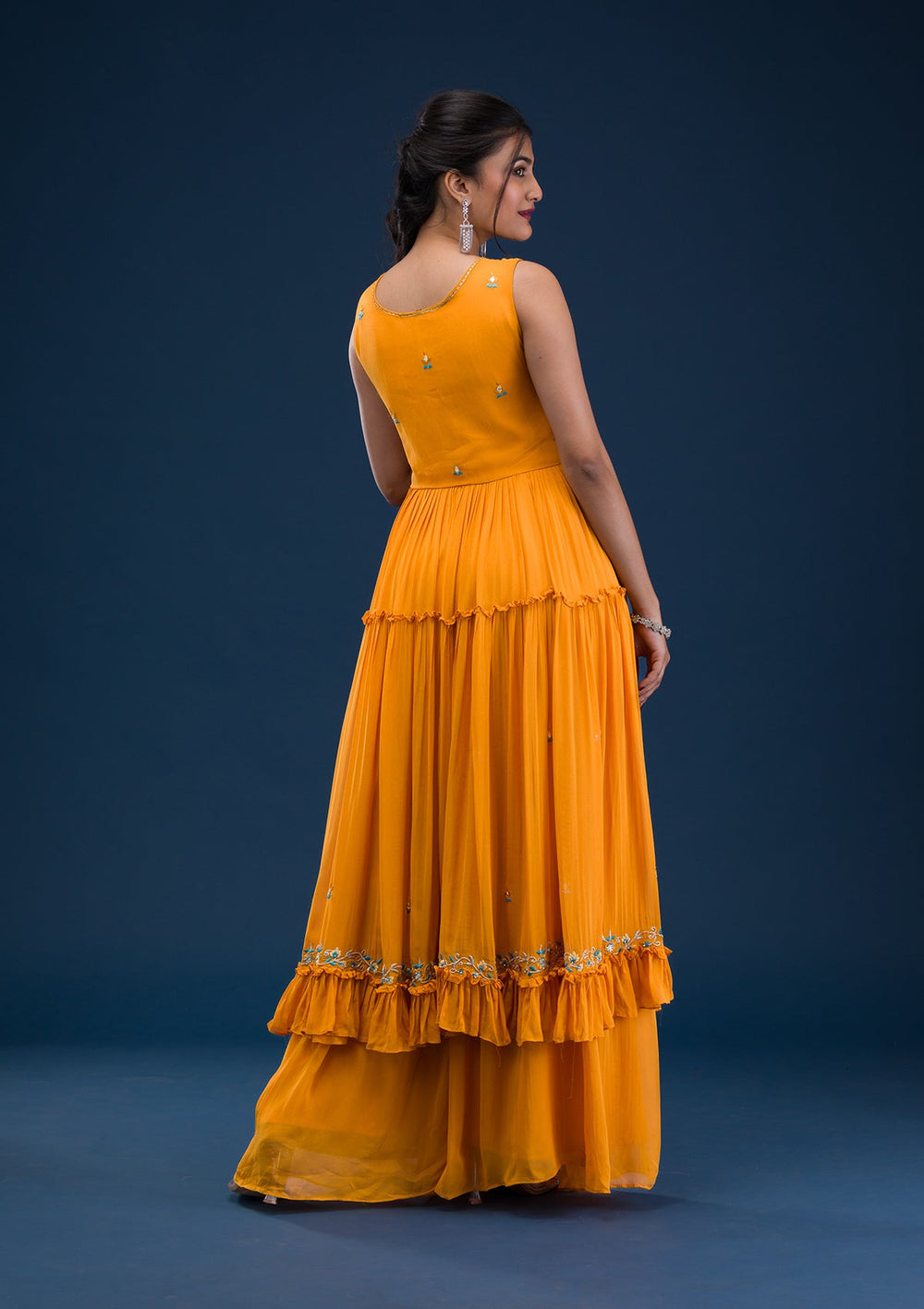 Mustard Mirrorwork Georgette Readymade Salwar Suit-Koskii