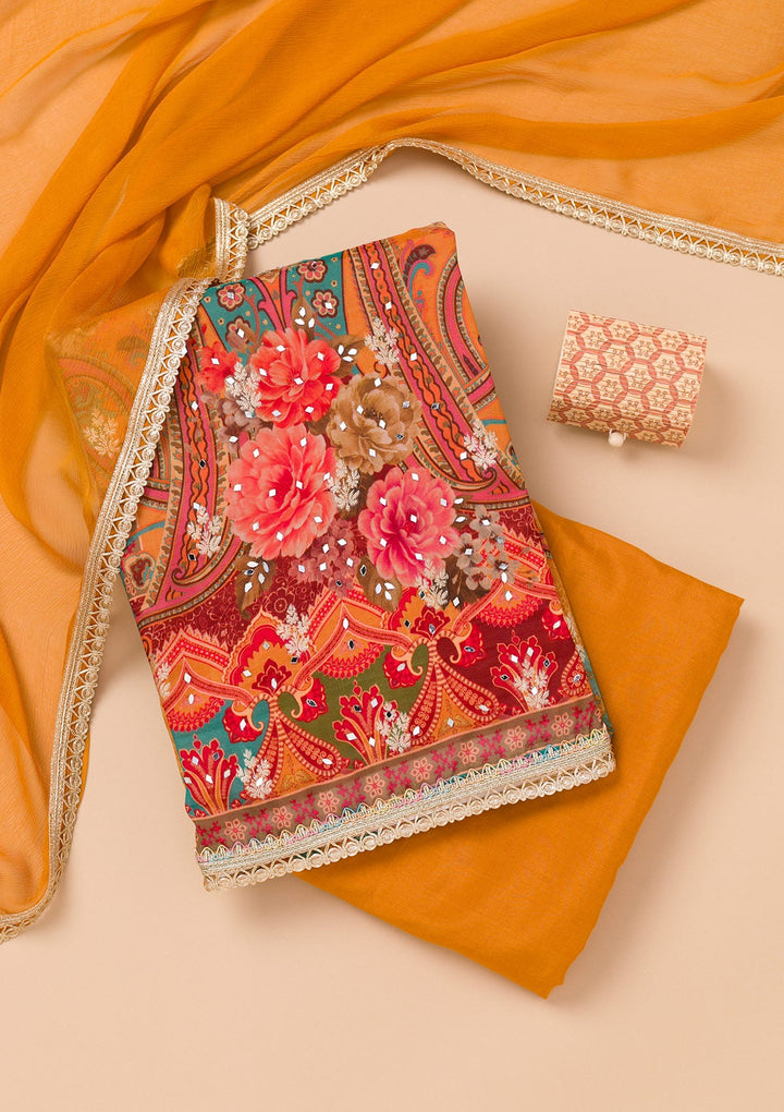 Mustard Printed Georgette Unstitched Salwar Suit-Koskii