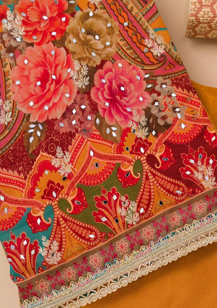 Mustard Printed Georgette Unstitched Salwar Suit-Koskii