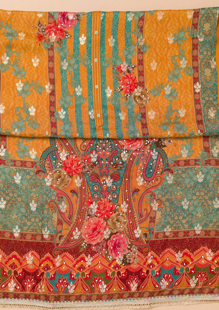 Mustard Printed Georgette Unstitched Salwar Suit-Koskii