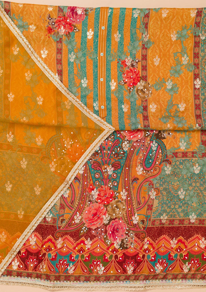 Mustard Printed Georgette Unstitched Salwar Suit-Koskii