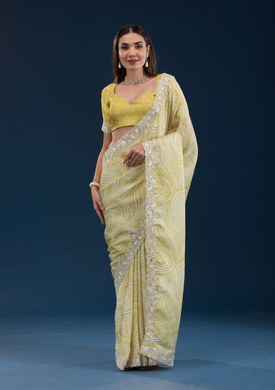 Mustard Printed Georgette Saree-Koskii