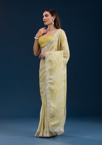 Mustard Printed Georgette Saree-Koskii