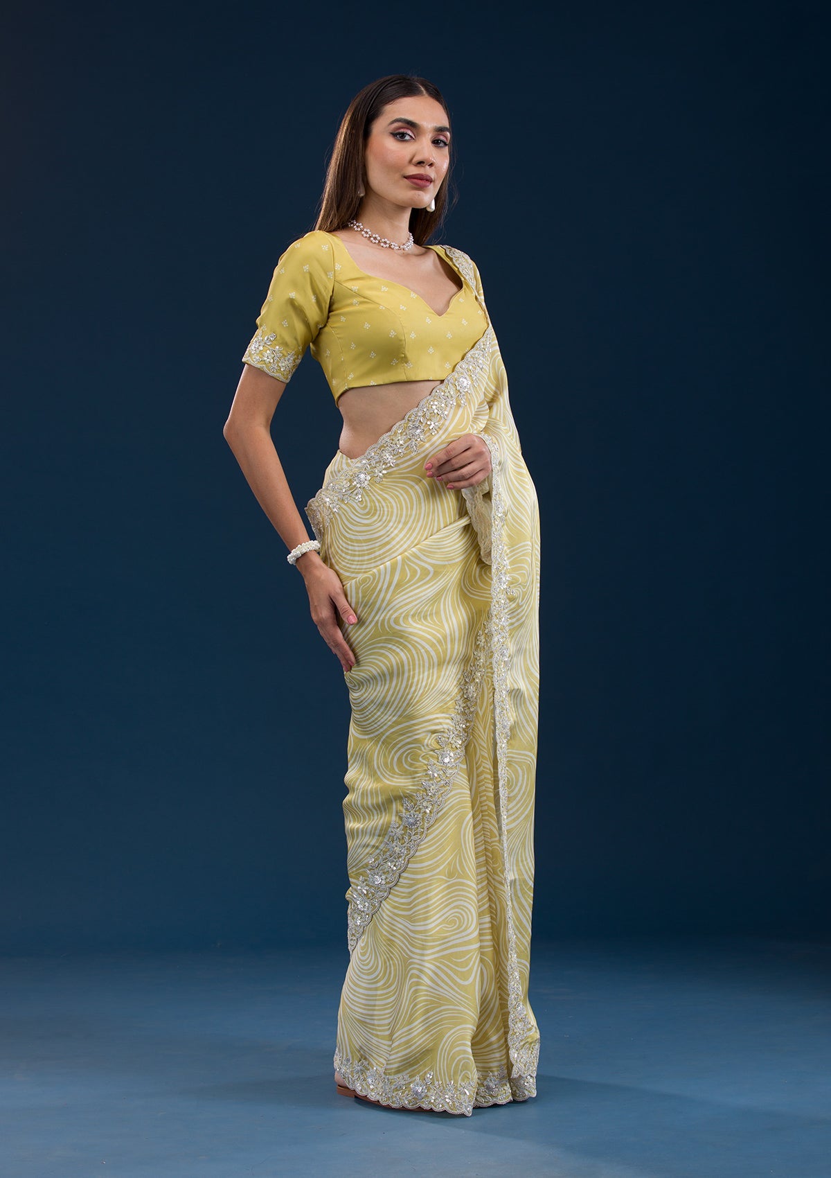 Mustard Printed Georgette Saree-Koskii