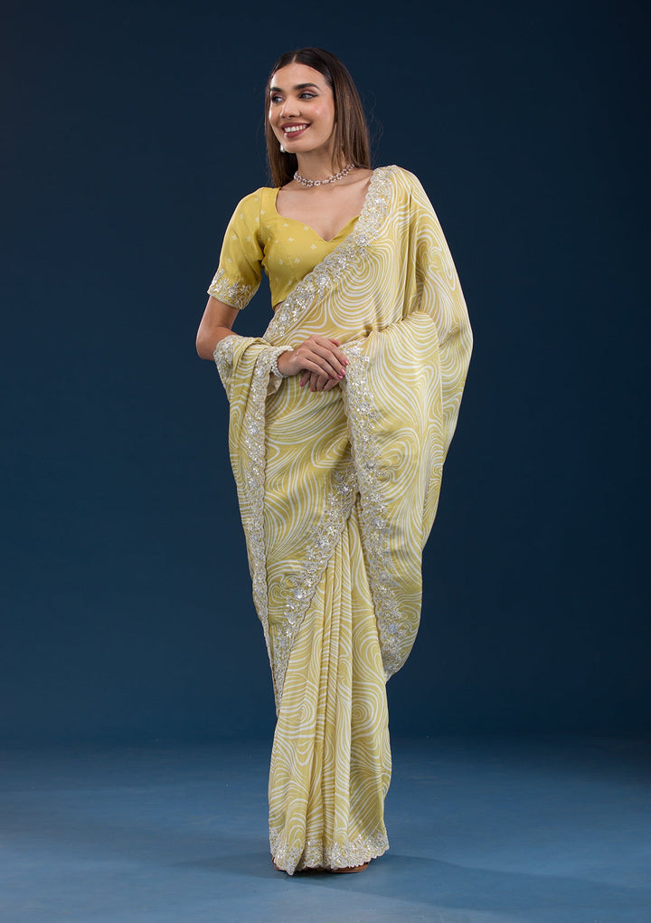 Mustard Printed Georgette Saree-Koskii
