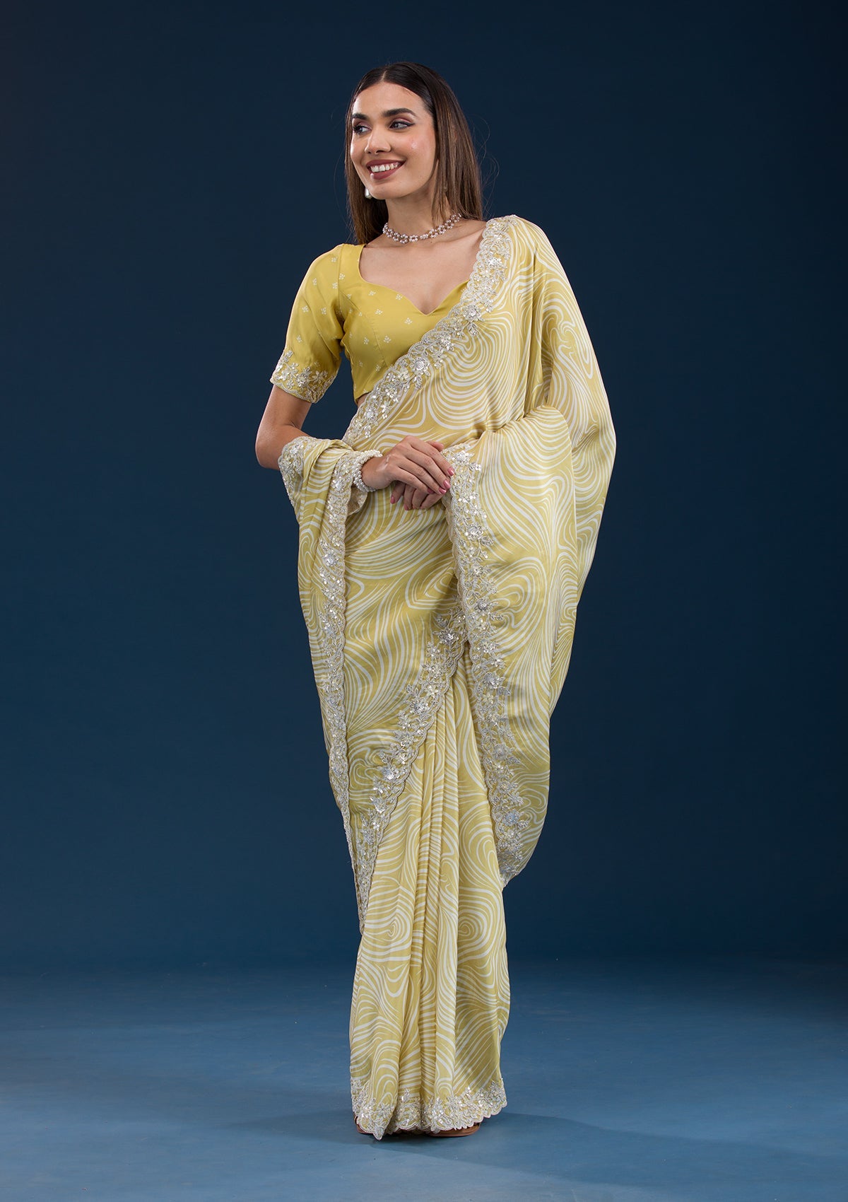 Mustard Printed Georgette Saree-Koskii