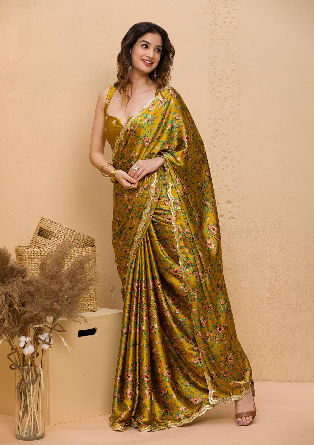 Grey Stonework Satin Designer Saree-Koskii