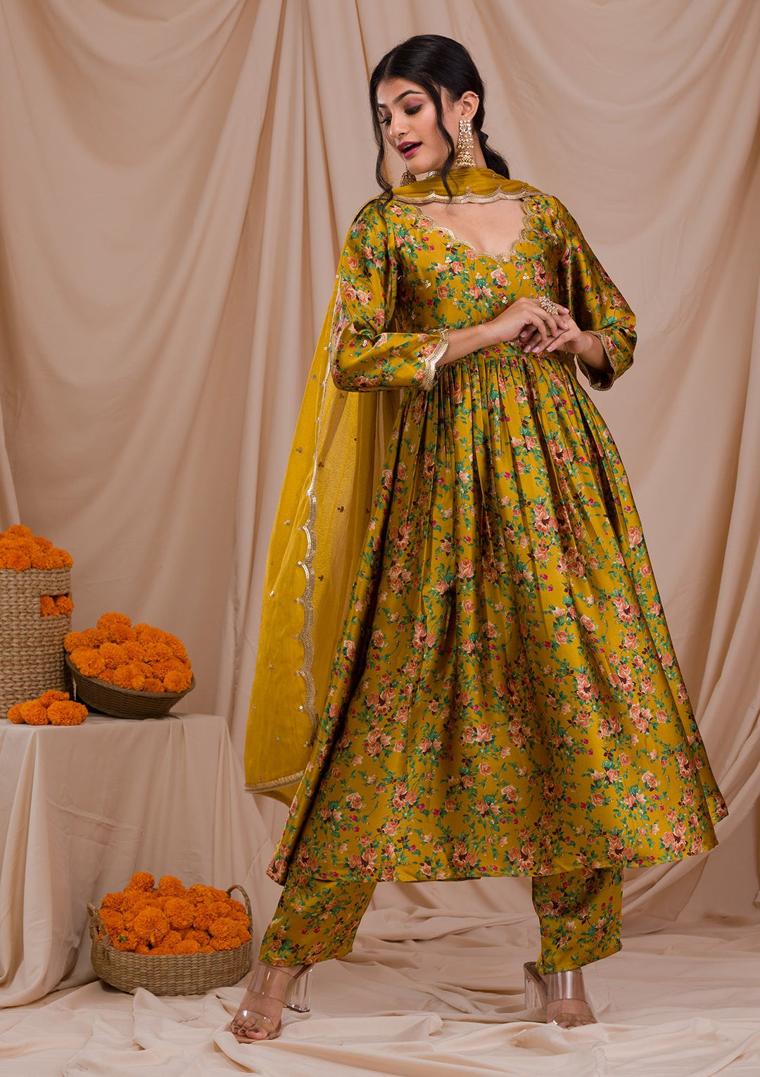 Mustard Printed Semi Crepe Readymade Salwar Suit-Koskii