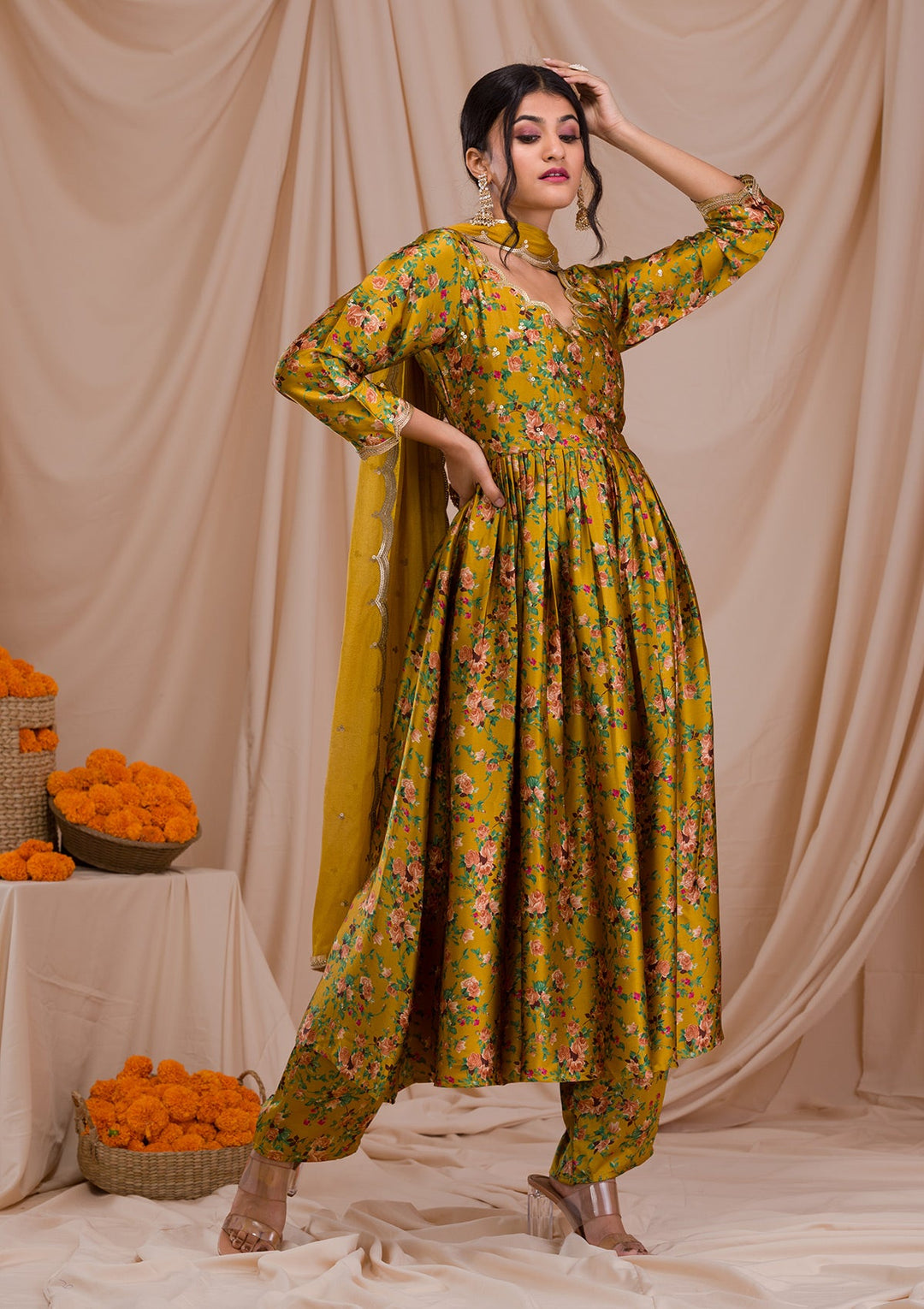 Mustard Printed Semi Crepe Readymade Salwar Suit-Koskii