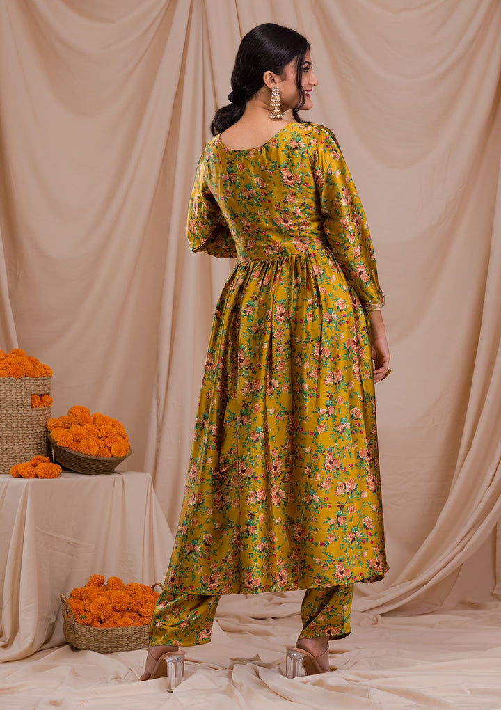 Mustard Printed Semi Crepe Readymade Salwar Suit-Koskii