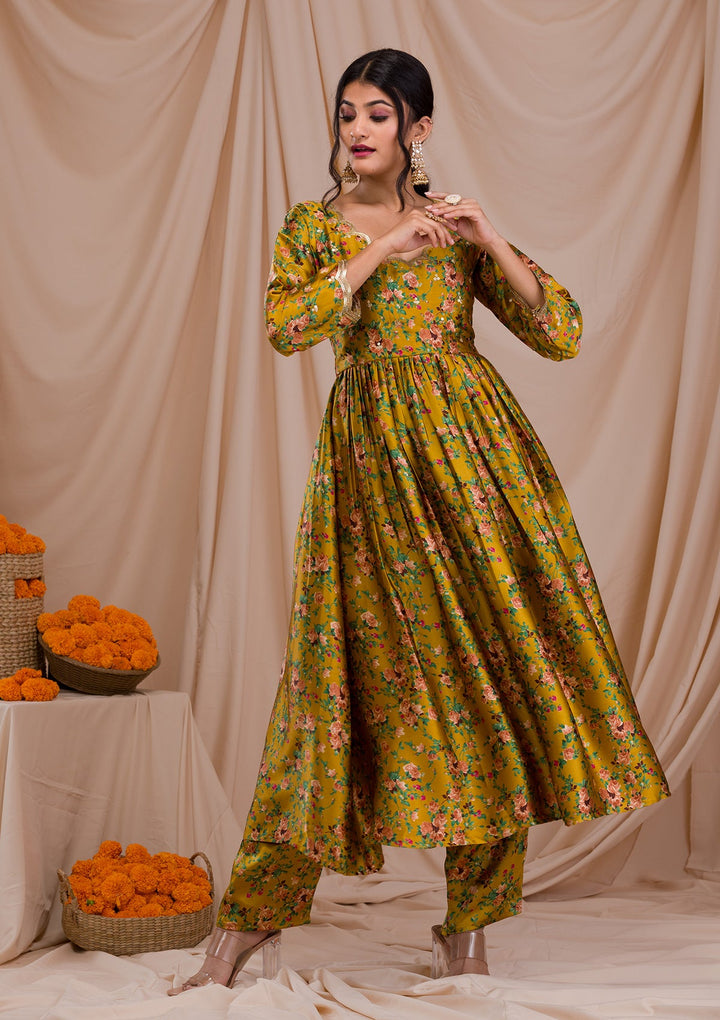 Mustard Printed Semi Crepe Readymade Salwar Suit-Koskii