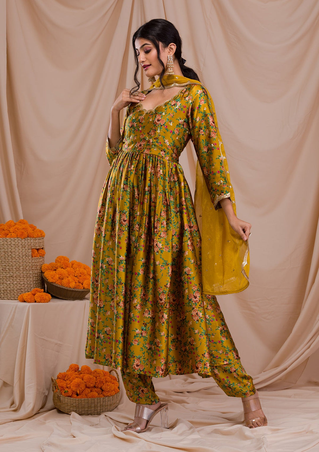 Mustard Printed Semi Crepe Readymade Salwar Suit-Koskii