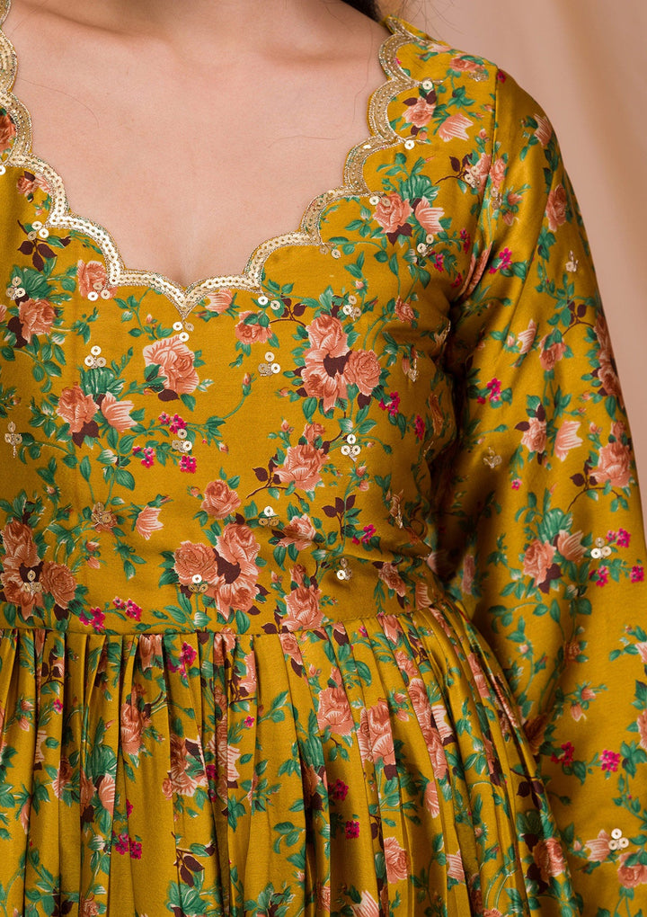 Mustard Printed Semi Crepe Readymade Salwar Suit-Koskii