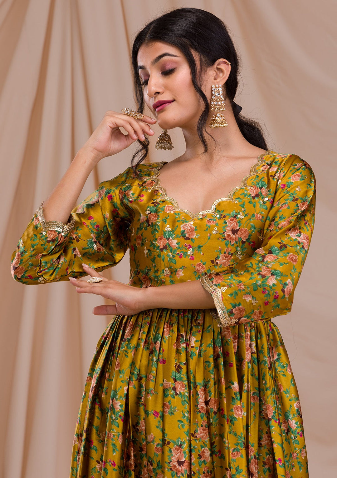 Mustard Printed Semi Crepe Readymade Salwar Suit-Koskii