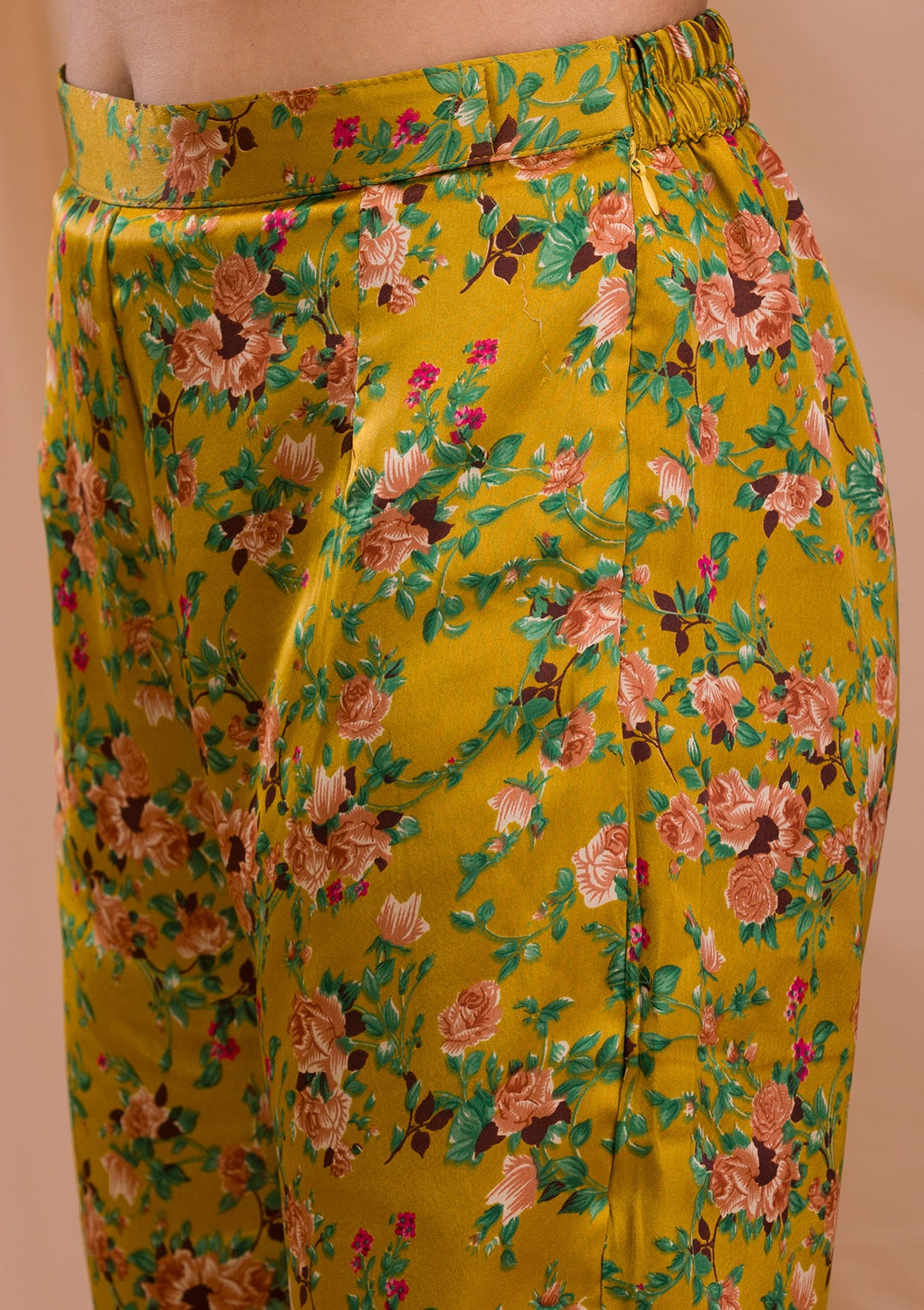 Mustard Printed Semi Crepe Readymade Salwar Suit-Koskii