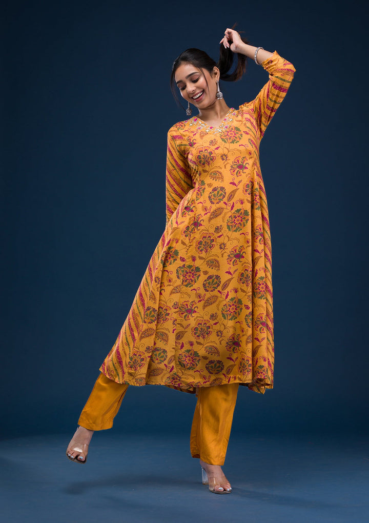 Mustard Printed Semi Crepe Readymade Salwar Suit-Koskii
