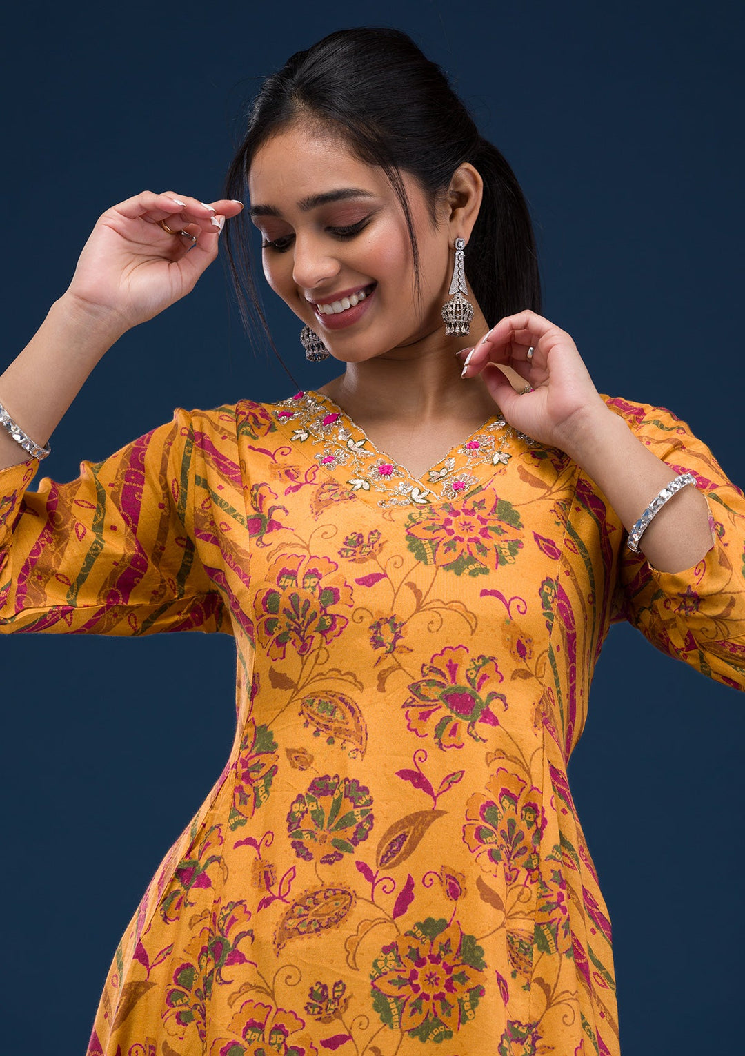 Mustard Printed Semi Crepe Readymade Salwar Suit-Koskii