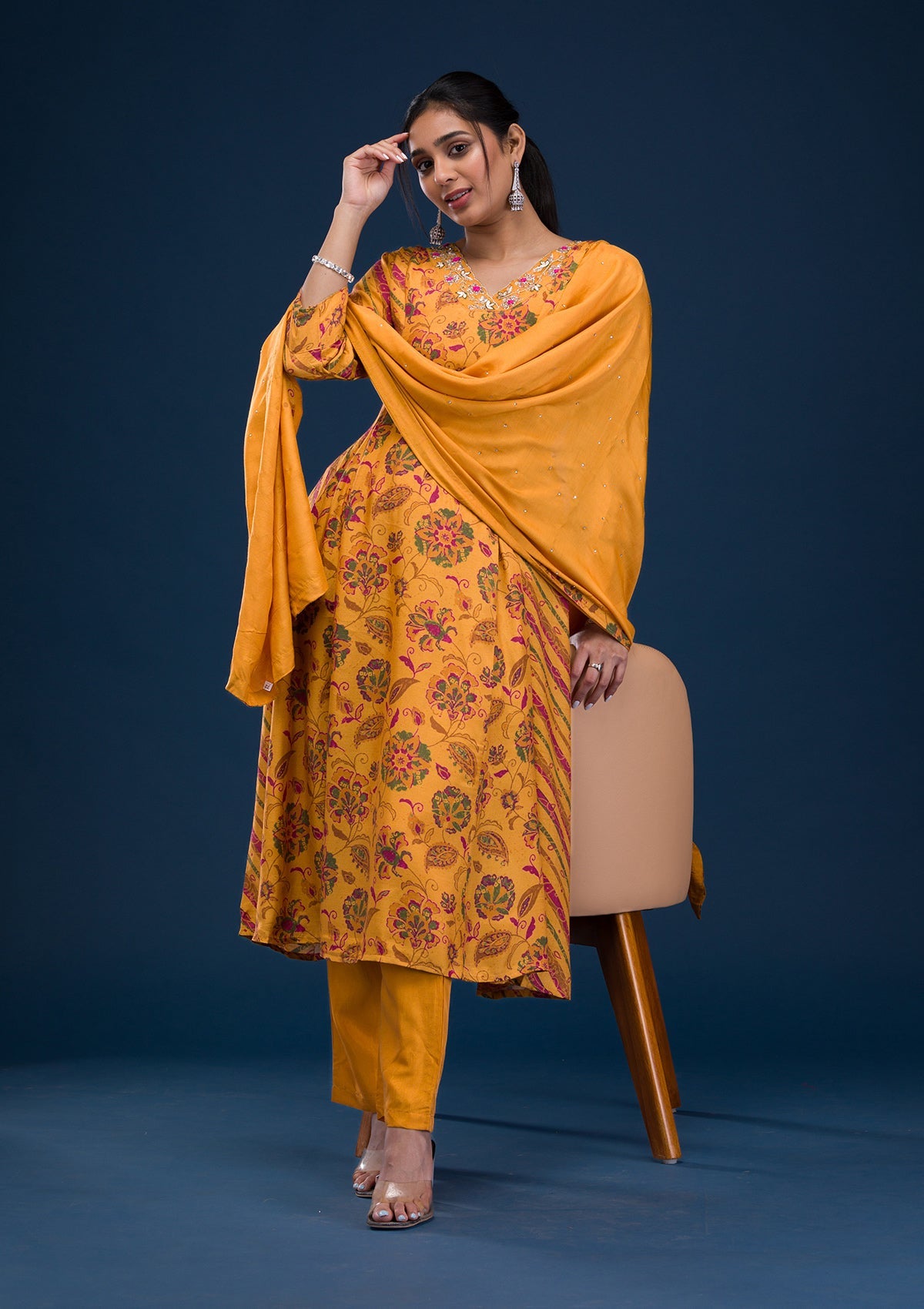 Mustard Printed Semi Crepe Readymade Salwar Suit-Koskii