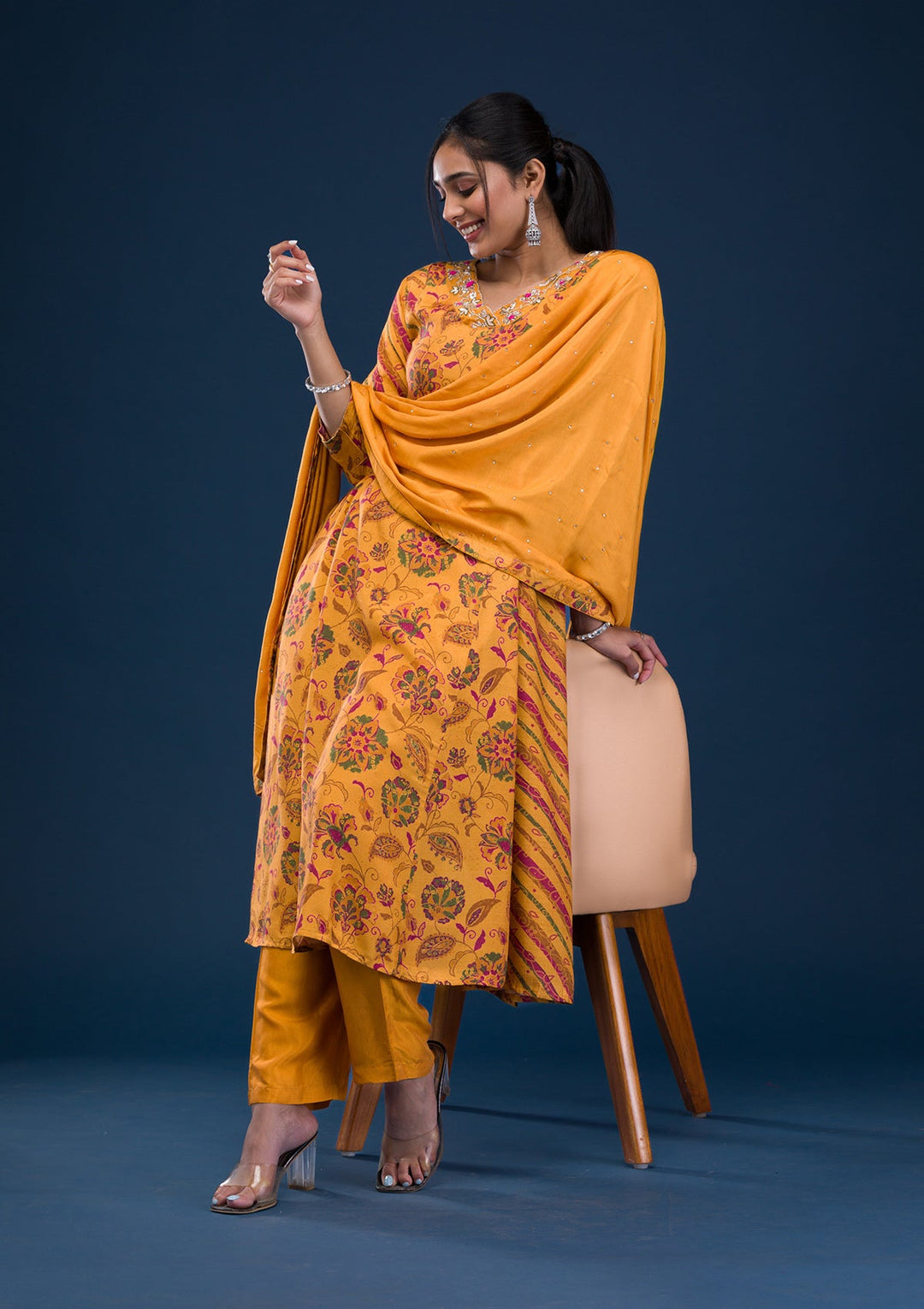 Mustard Printed Semi Crepe Readymade Salwar Suit-Koskii