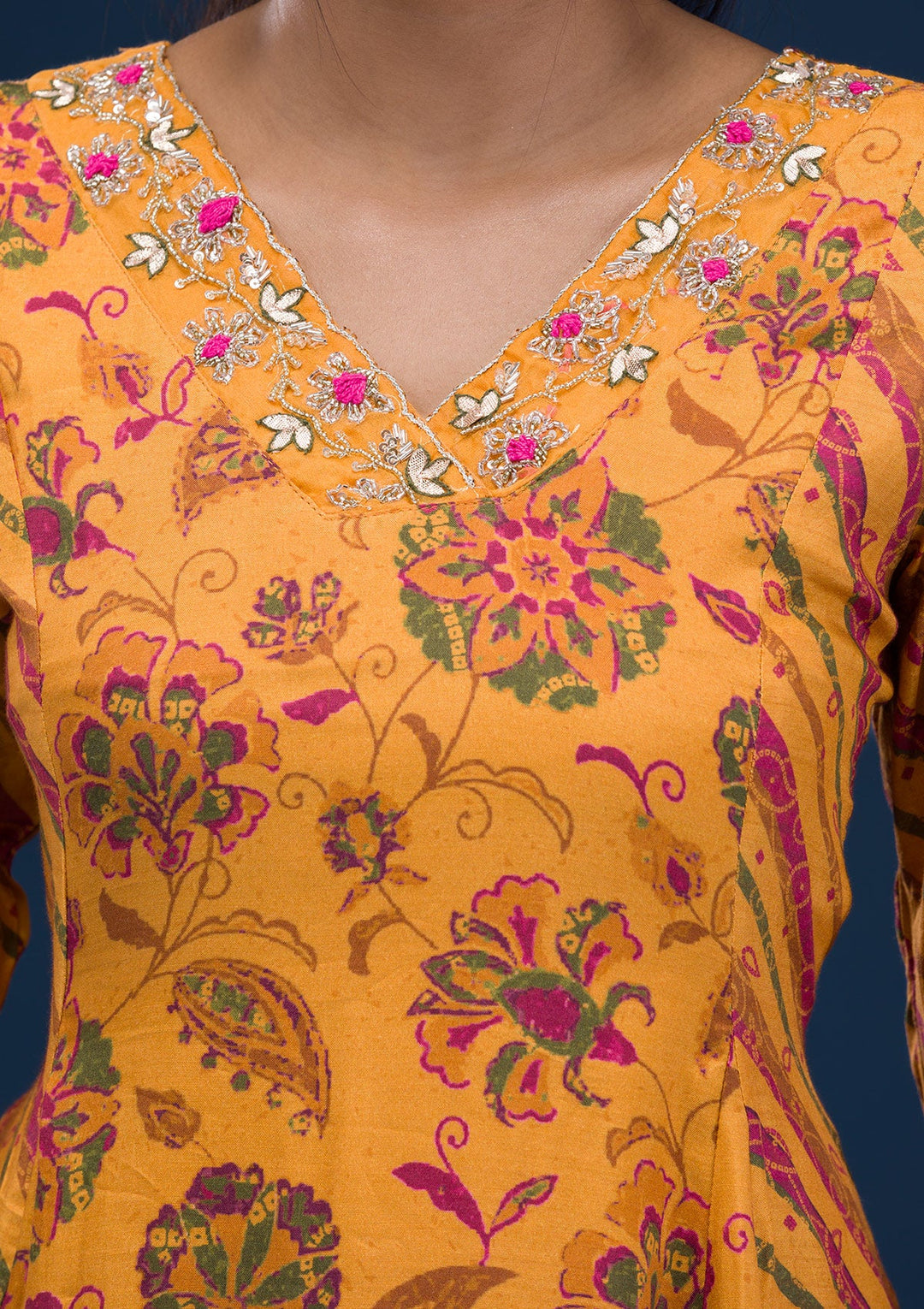 Mustard Printed Semi Crepe Readymade Salwar Suit-Koskii