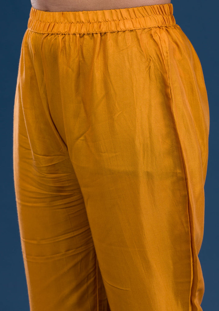 Mustard Printed Semi Crepe Readymade Salwar Suit-Koskii