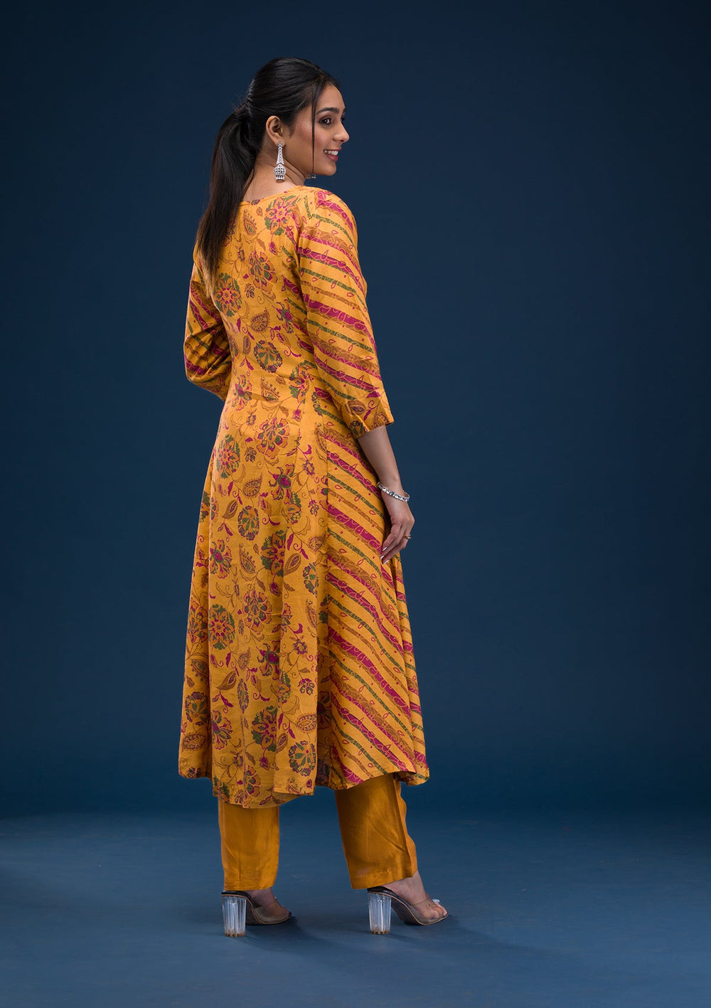 Mustard Printed Semi Crepe Readymade Salwar Suit-Koskii