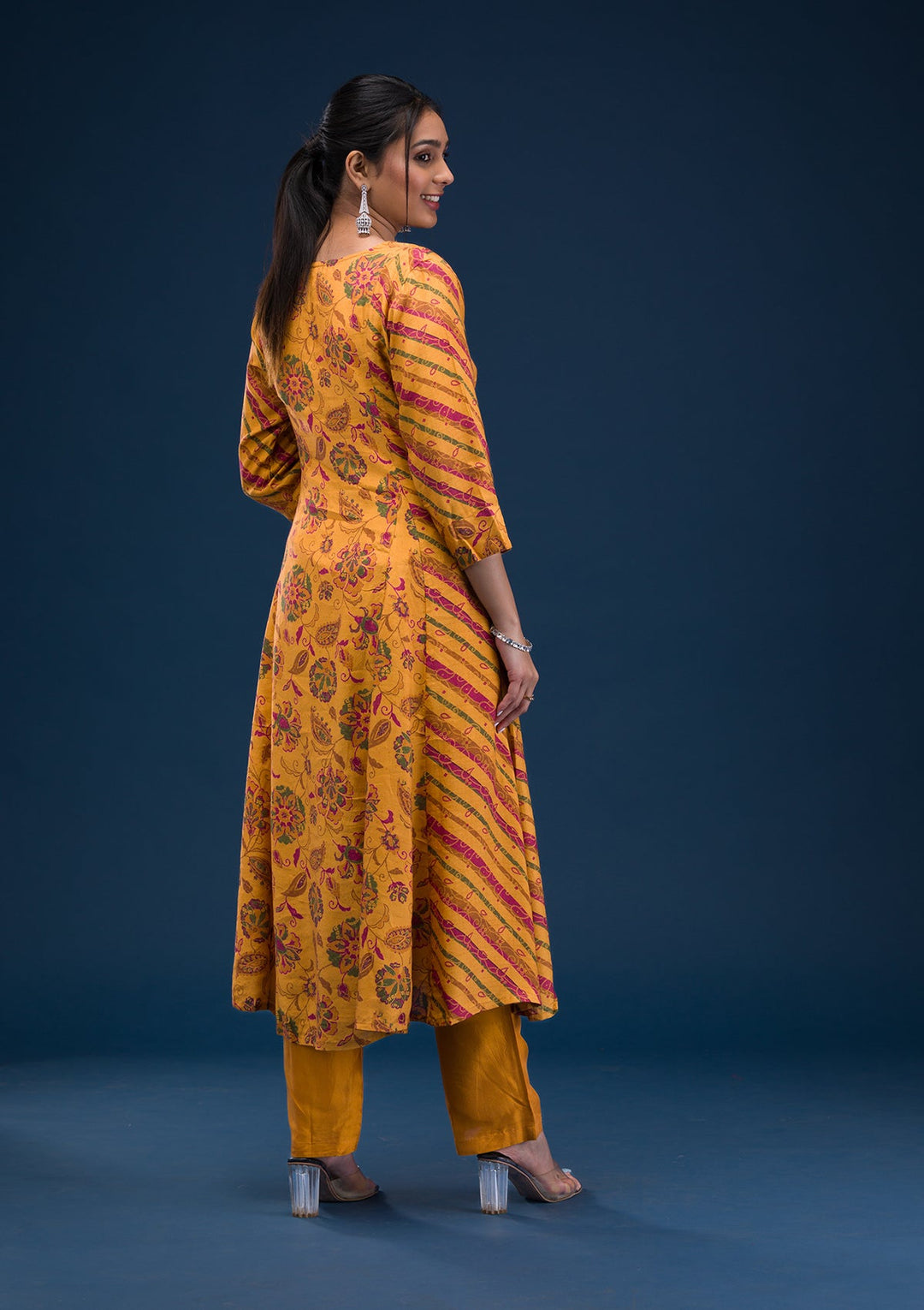 Mustard Printed Semi Crepe Readymade Salwar Suit-Koskii