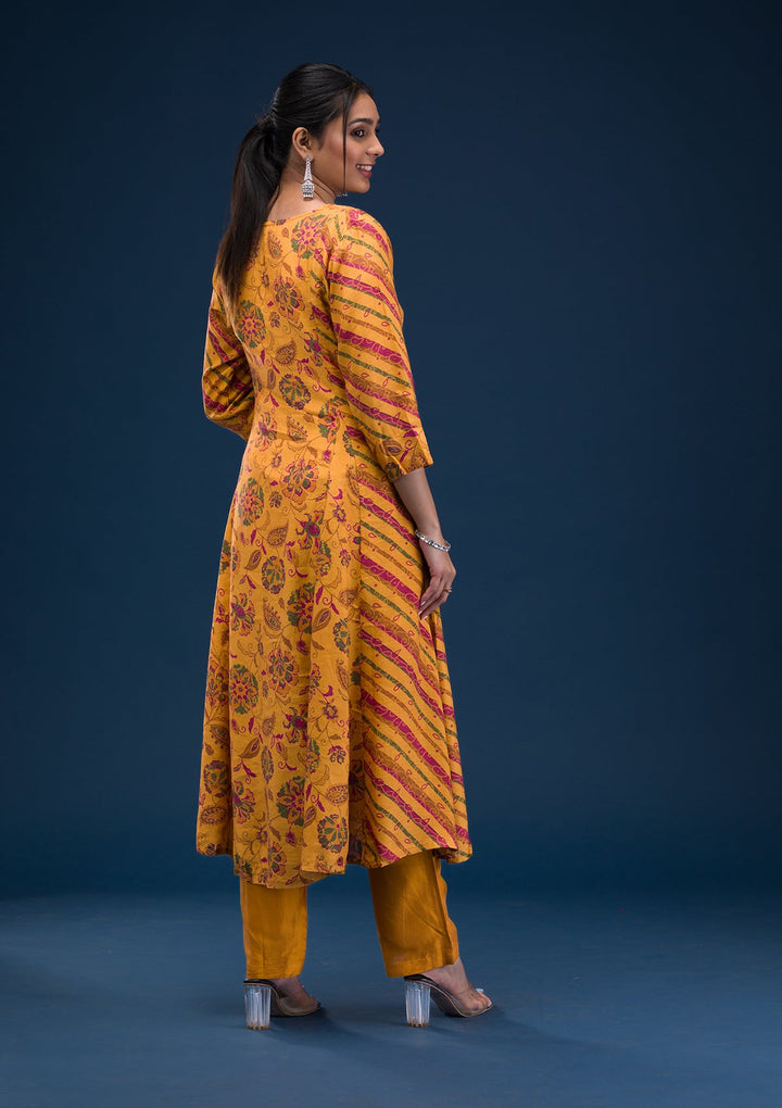 Mustard Printed Semi Crepe Readymade Salwar Suit-Koskii