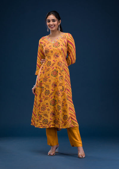 Mustard Printed Semi Crepe Readymade Salwar Suit-Koskii