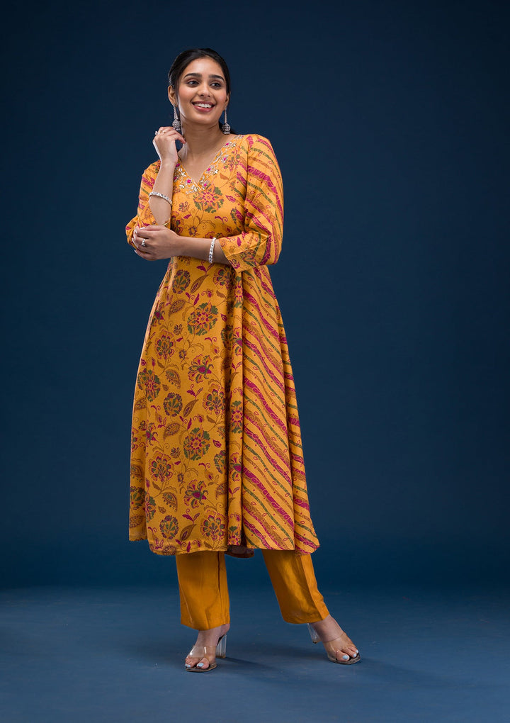 Mustard Printed Semi Crepe Readymade Salwar Suit-Koskii