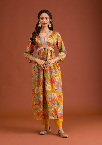 Mustard Printed Semi Crepe Readymade Salwar Suit-Koskii