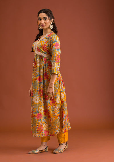 Mustard Printed Semi Crepe Readymade Salwar Suit-Koskii